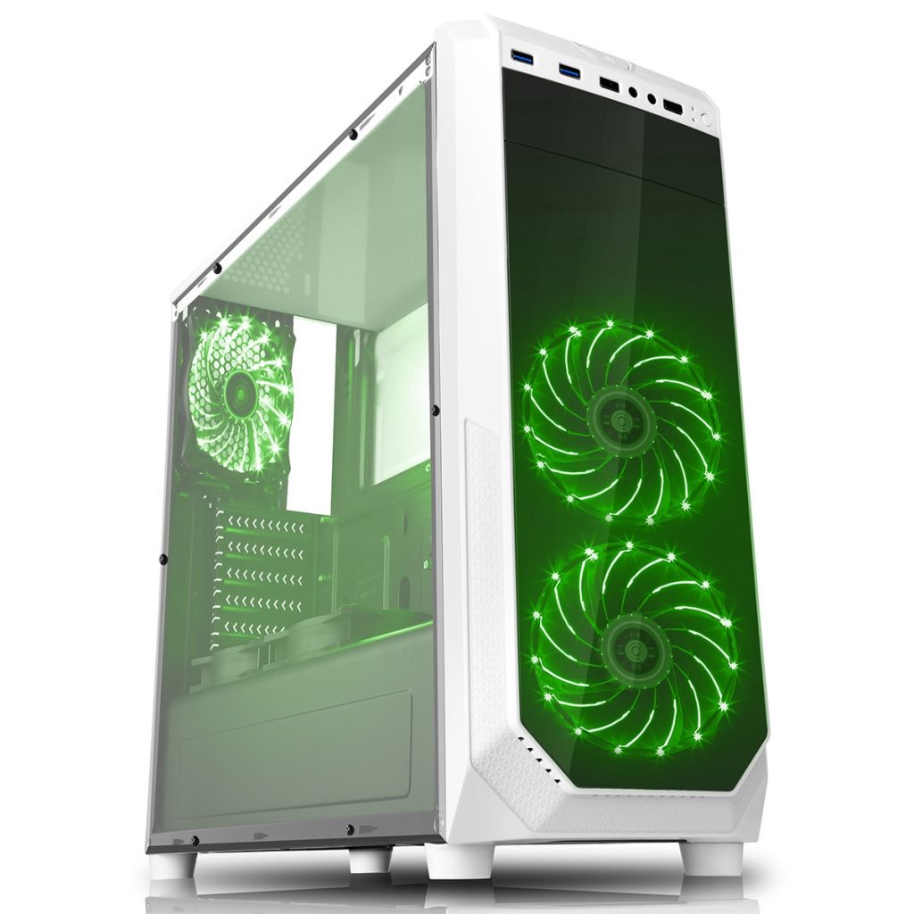 Fierce PC Expanse White Case with 2 x Green 15 Led Front Fans