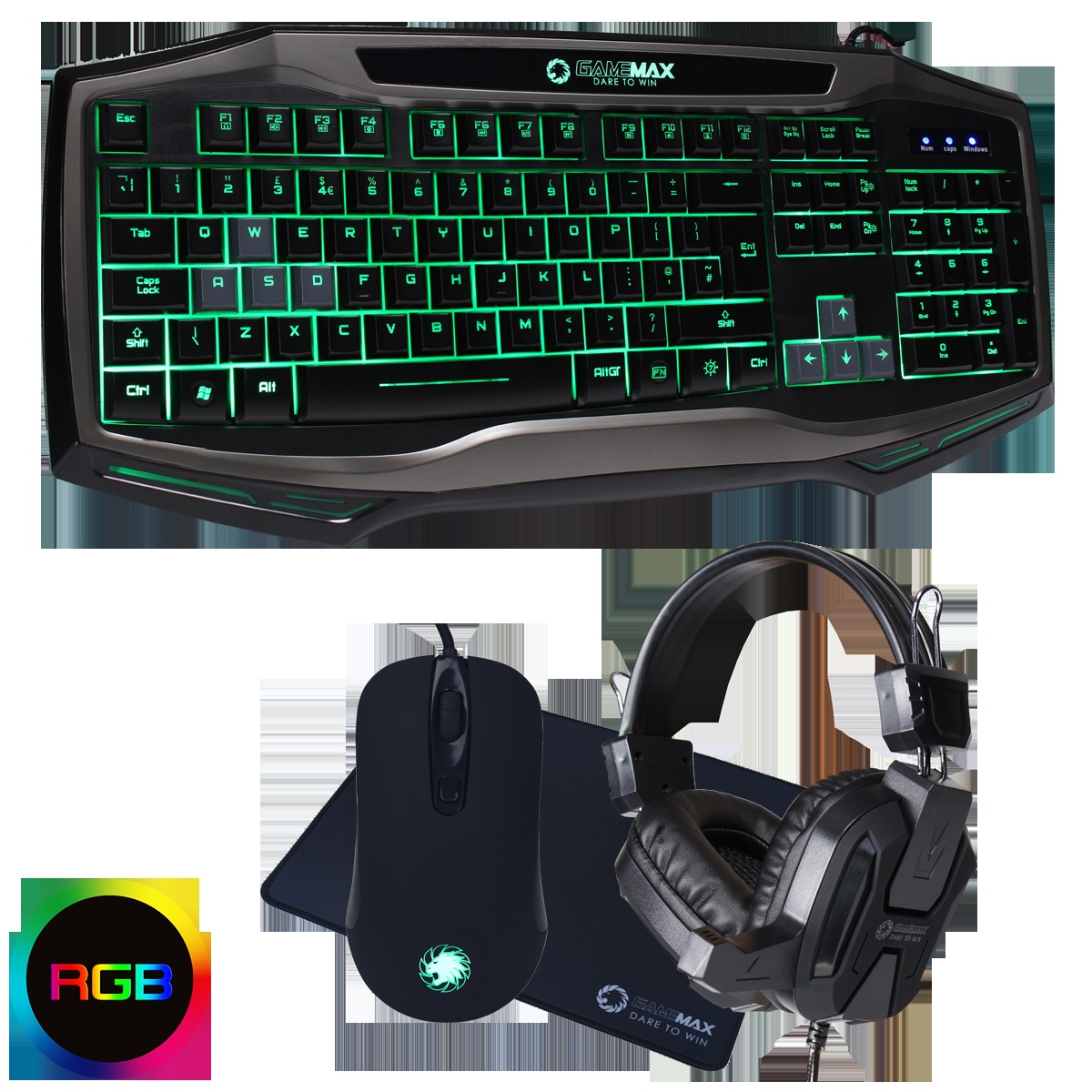 Game Max Raptor RGB Keyboard and Mouse Black Headset and Mouse Mat