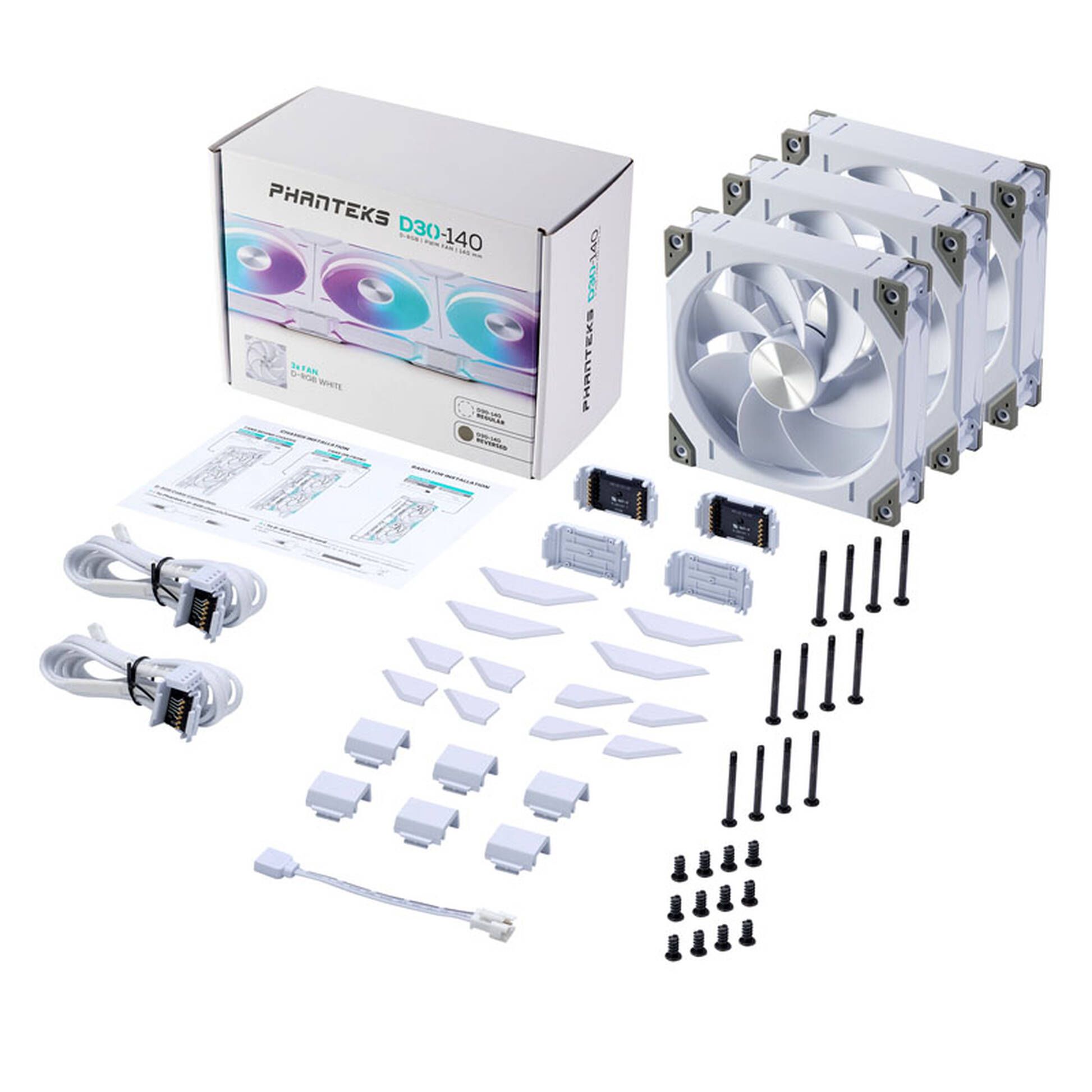 PHANTEKS D30 PWM Reverse Airflow, D-RGB fans, pack of 3 - 140mm, white