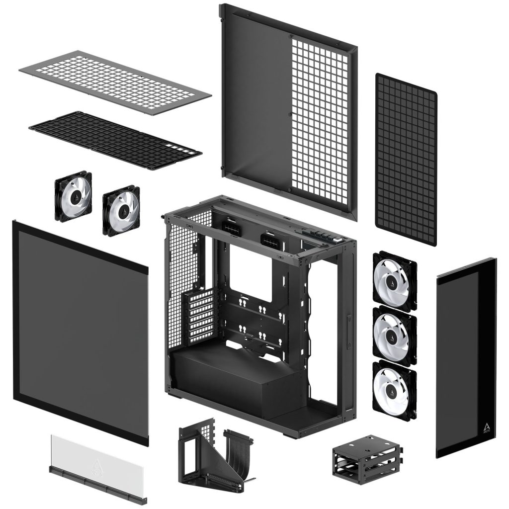 ARCTIC Xtender PC Case, Midi-Tower, E-ATX, RGB, Tempered Glass - including vertical GPU bracket & riser cable, black