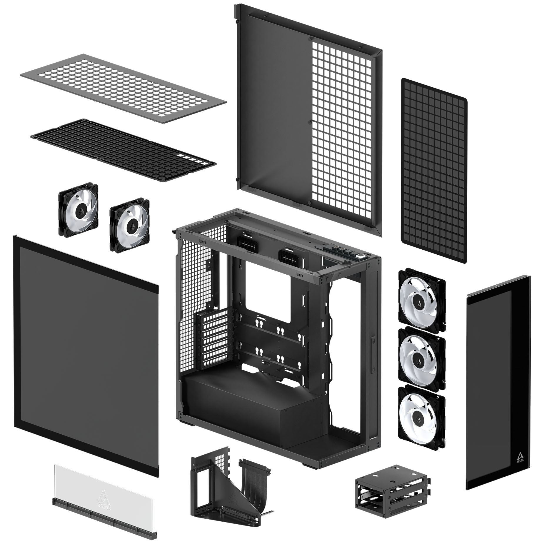 ARCTIC Xtender PC Case, Midi-Tower, E-ATX, RGB, Tempered Glass - including vertical GPU bracket & riser cable, black
