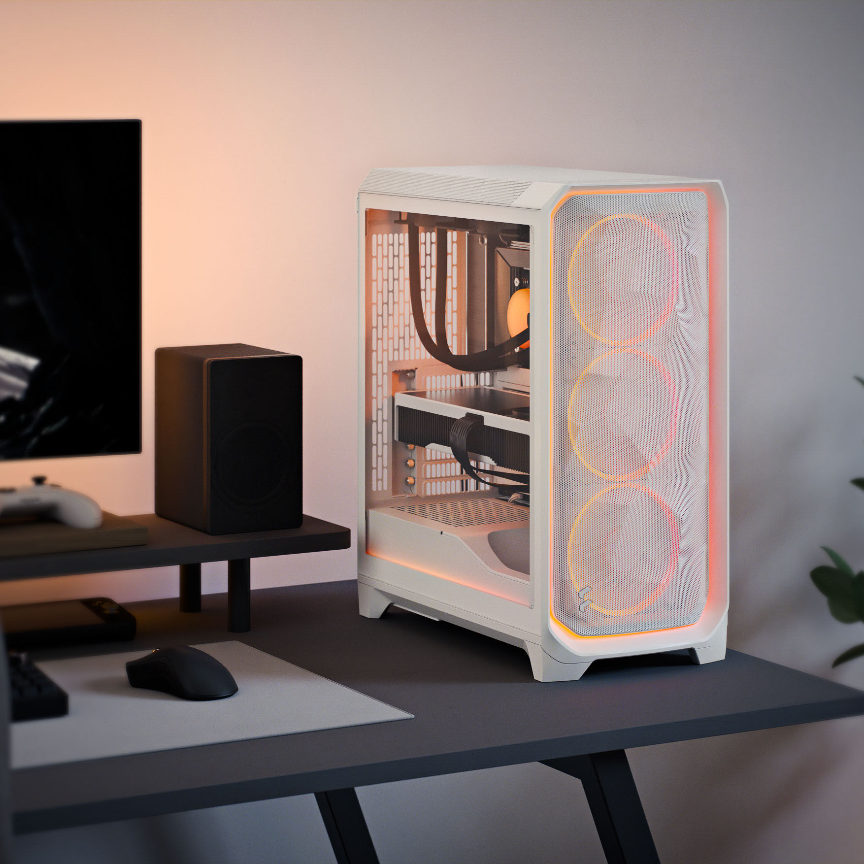 Fractal Design Meshify 3 Ambience Pro RGB White TG Clear PC Case, Midi-Tower, E-ATX - White