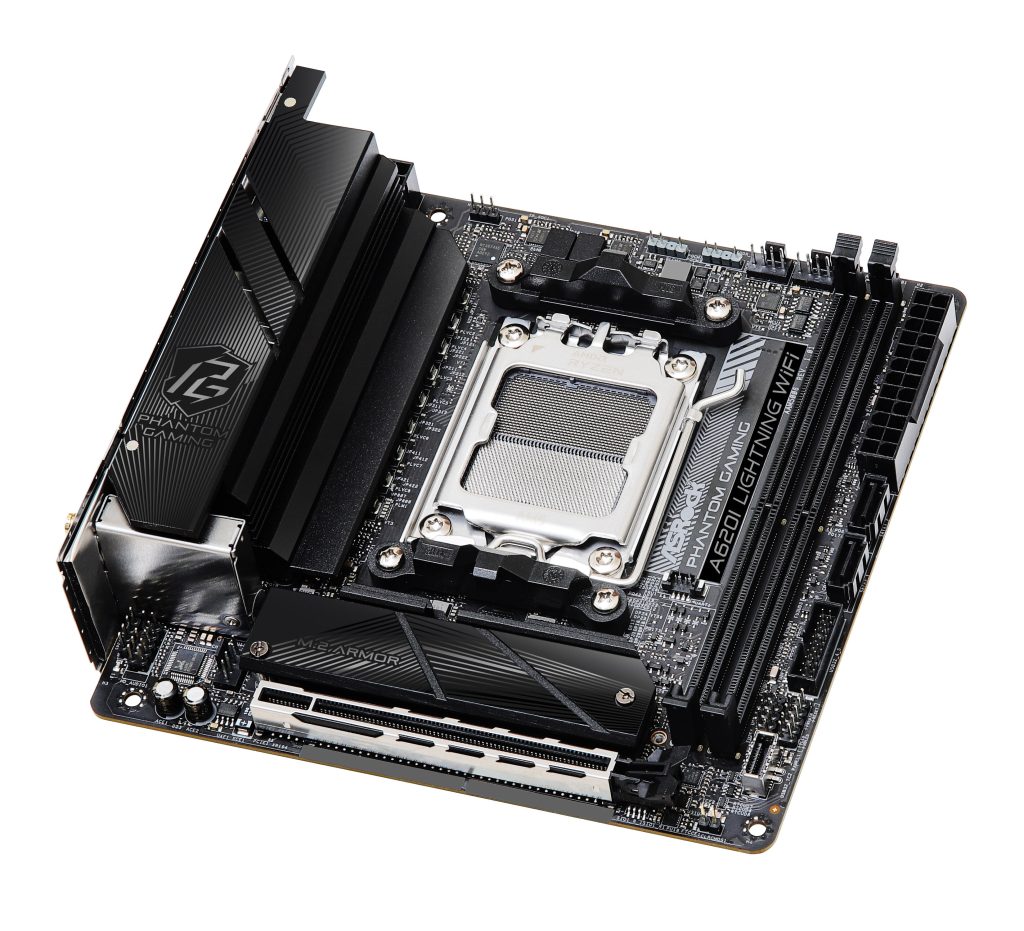 Asrock a620i phantom gaming lightning wifi – tridimenzionalni pogled na mini-itx matično ploščo in am5 podnožje