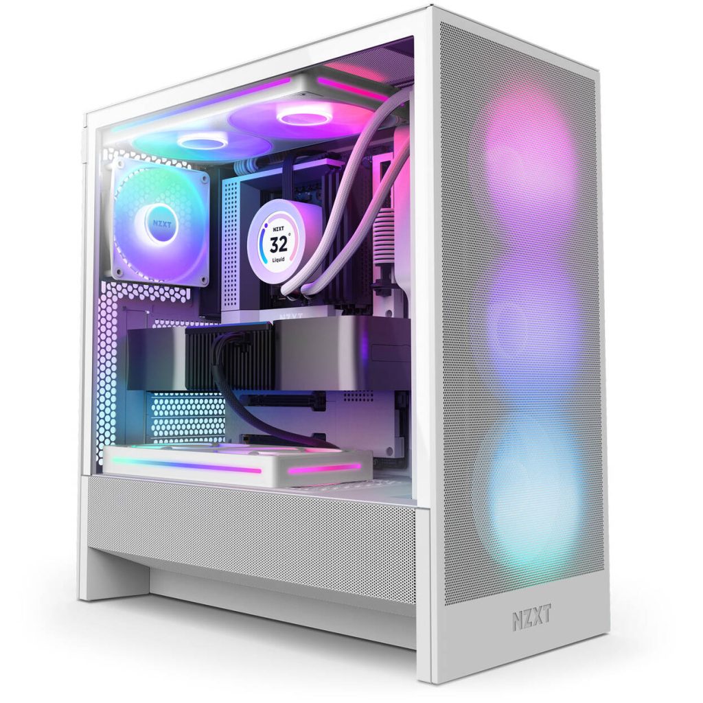 NZXT H5 Flow RGB PC Case, Mid Tower, ATX, RGB, Tempered Glass - White