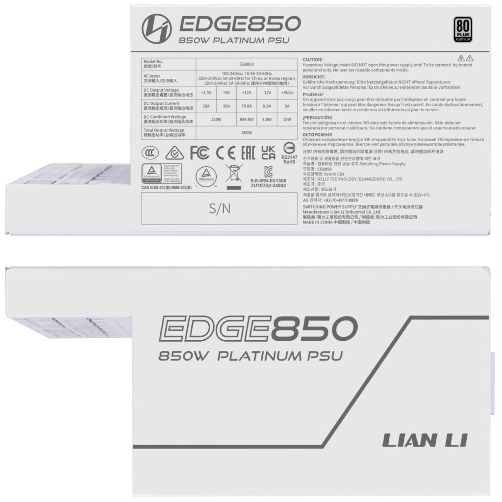 Lian Li EDGE EG0850 80 PLUS Platinum Power Supply, PCIe 5.1, ATX 3.1 - 850 Watt, White