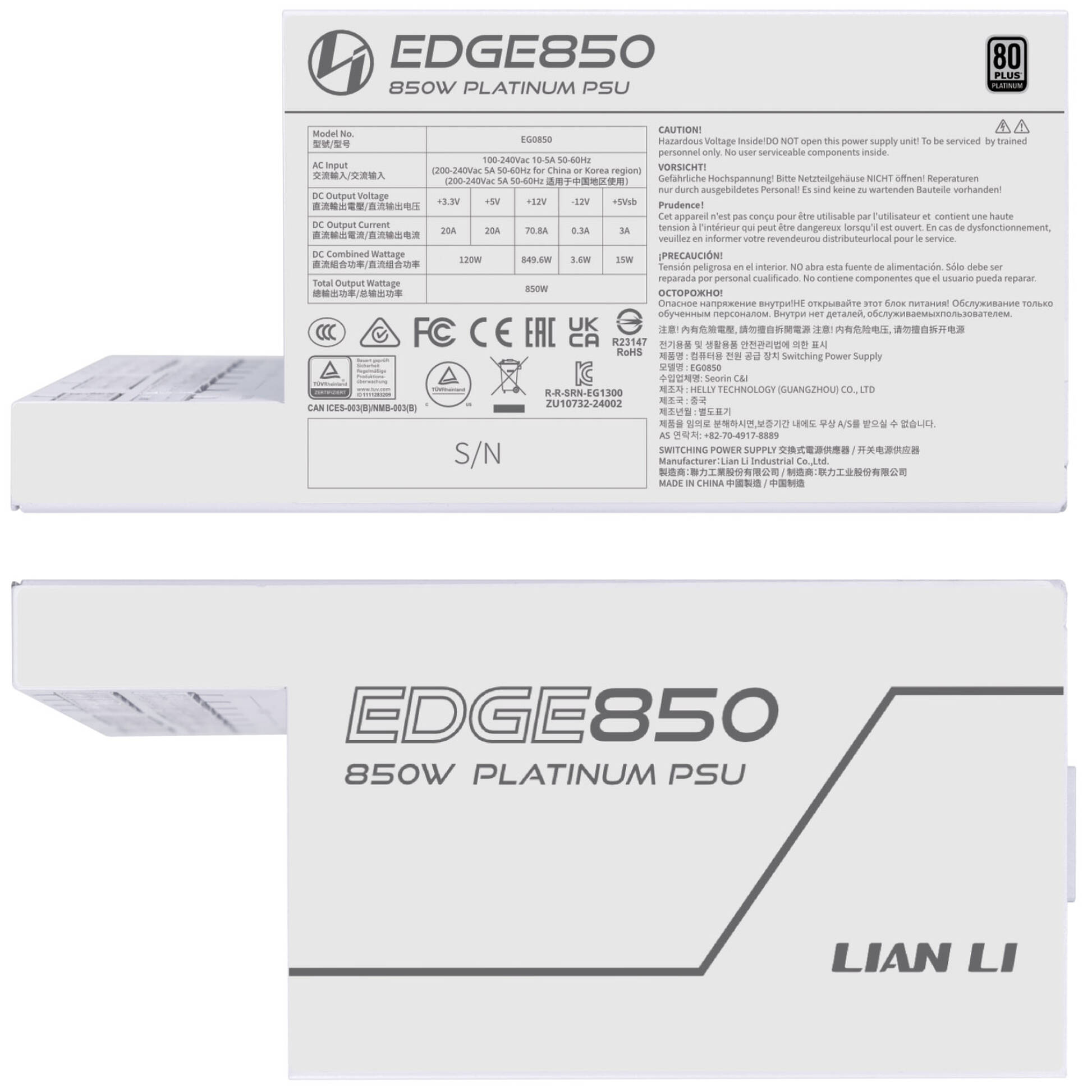 Lian Li EDGE EG0850 80 PLUS Platinum Power Supply, PCIe 5.1, ATX 3.1 - 850 Watt, White