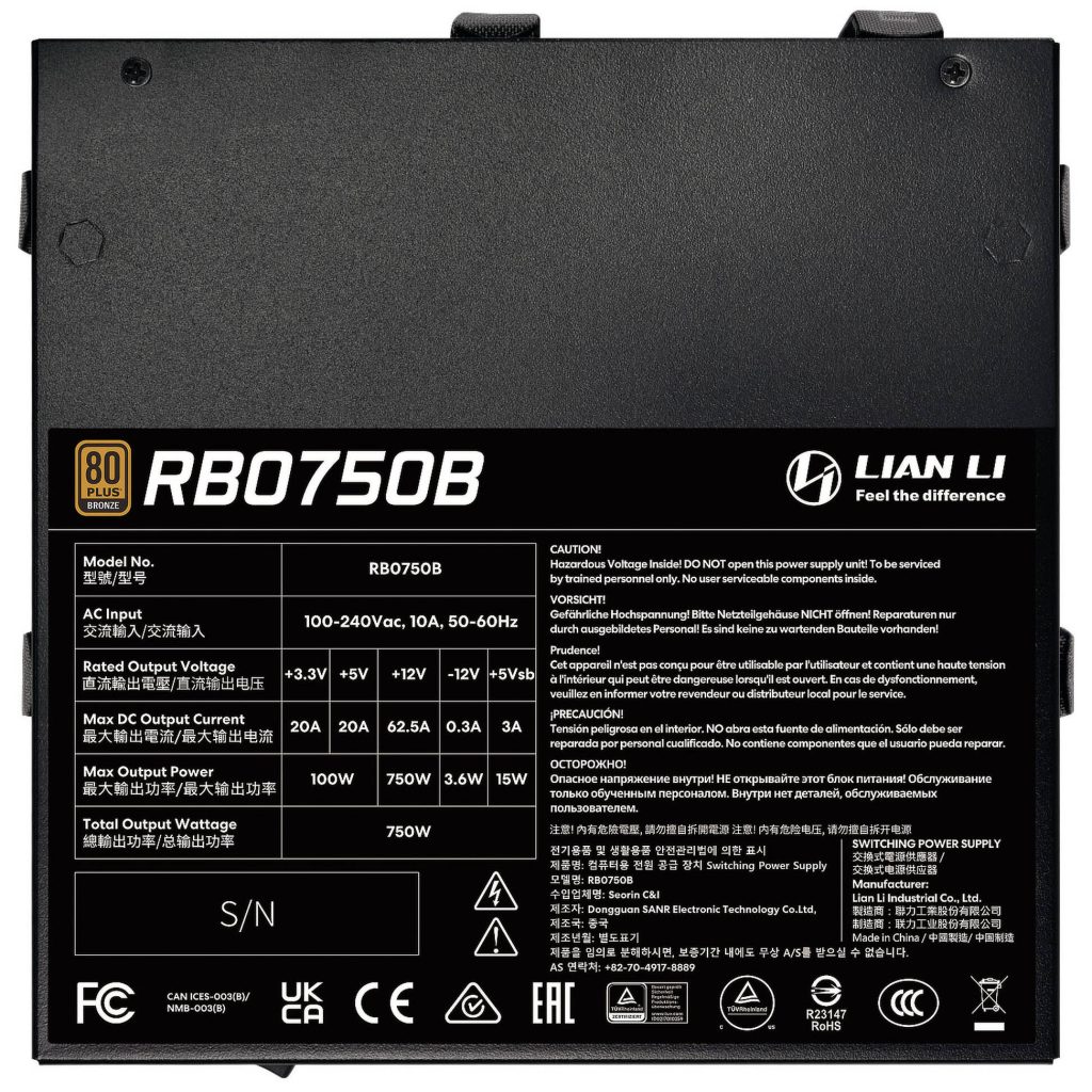 Lian Li RB Series 80 PLUS Bronze Power Supply, semi-modular, PCIe 5.1, ATX 3.1 - 750 Watts, black