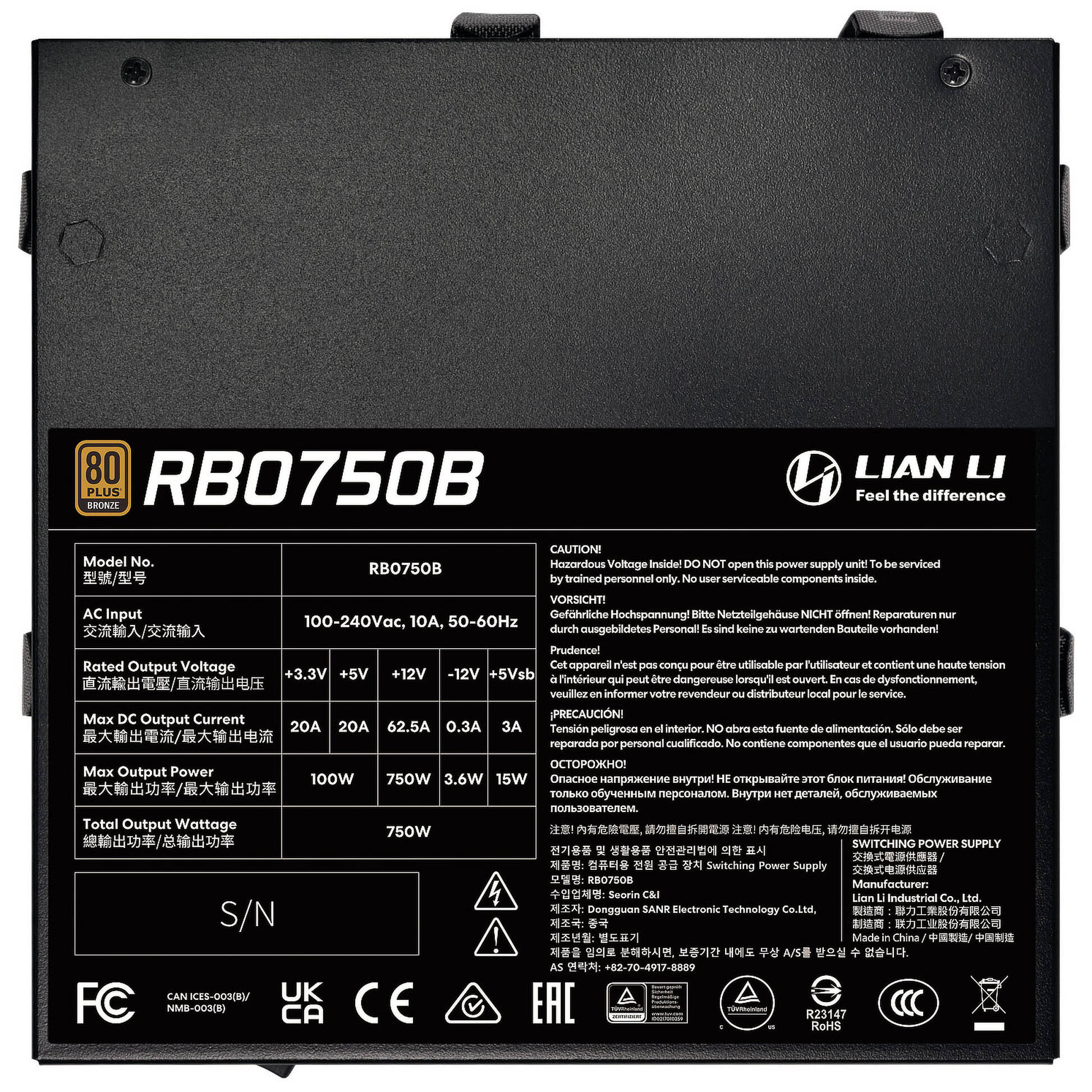 Lian Li RB Series 80 PLUS Bronze Power Supply, semi-modular, PCIe 5.1, ATX 3.1 - 750 Watts, black