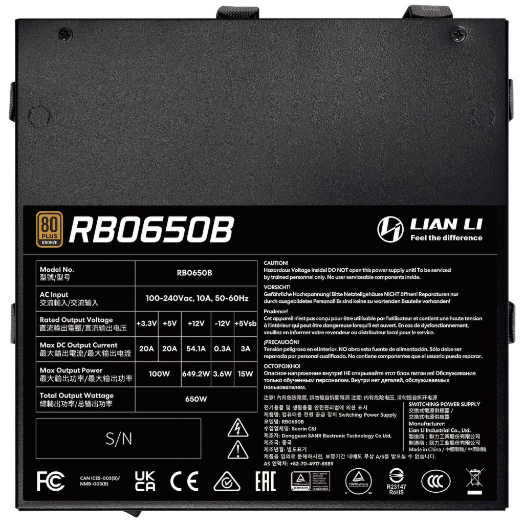 Lian Li RB Series 80 PLUS Bronze Power Supply, semi-modular, PCIe 5.1, ATX 3.1 - 650 watts, black