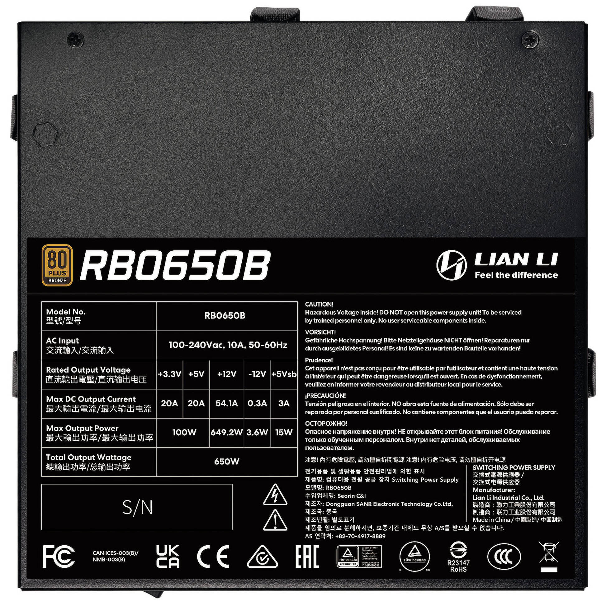 Lian Li RB Series 80 PLUS Bronze Power Supply, semi-modular, PCIe 5.1, ATX 3.1 - 650 watts, black