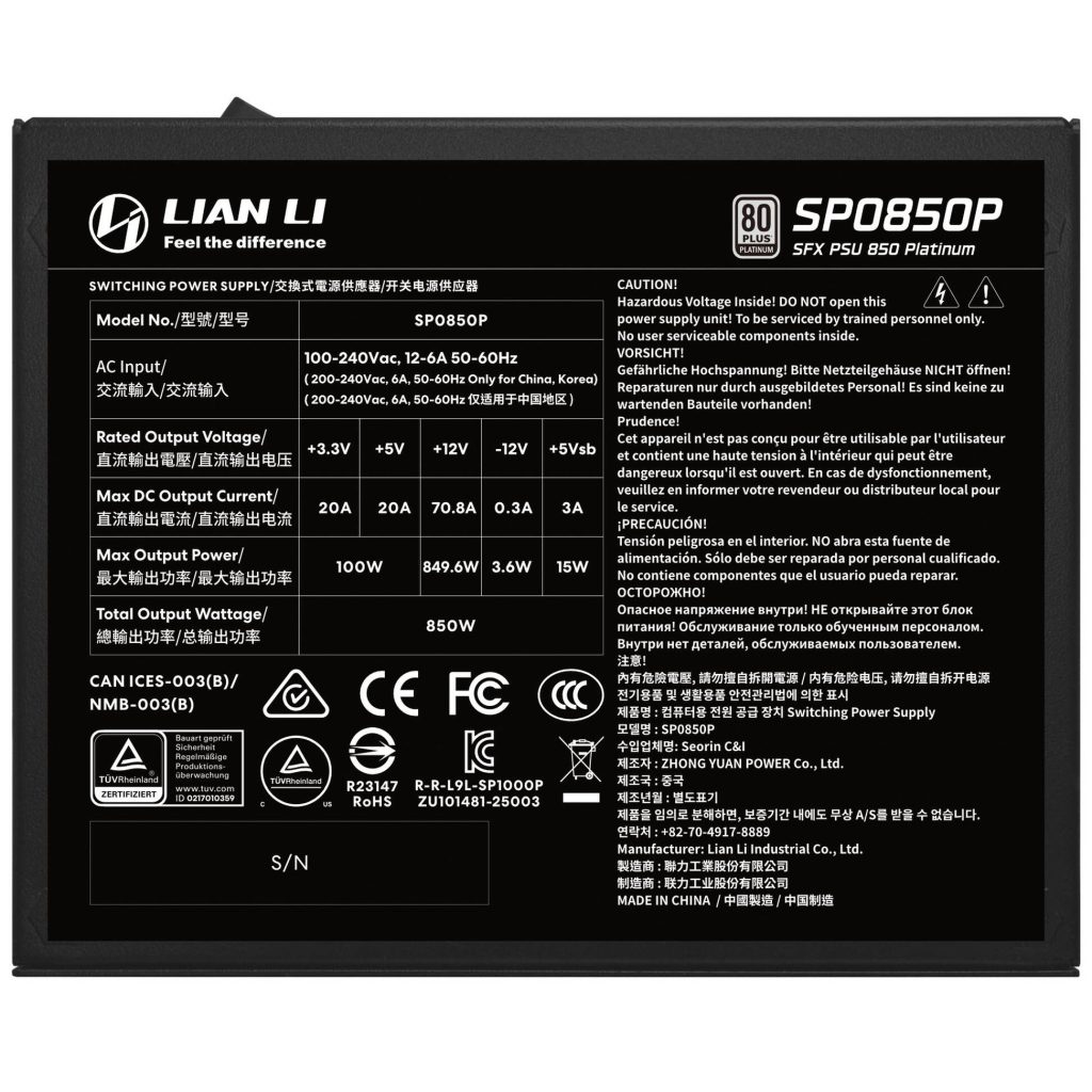 Lian Li SP Series Platinum 80 PLUS Platinum Power Supply, SFX, fully modular, PCIe 5.1, ATX 3.1 - 850 Watts, black