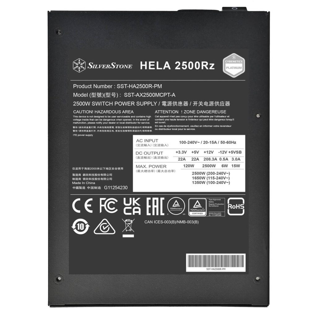 SilverStone Hela 2500Rz Cybenetics Platinum Power Supply, PCIe 5.0, ATX 3.1 - 2,500 Watt, Black