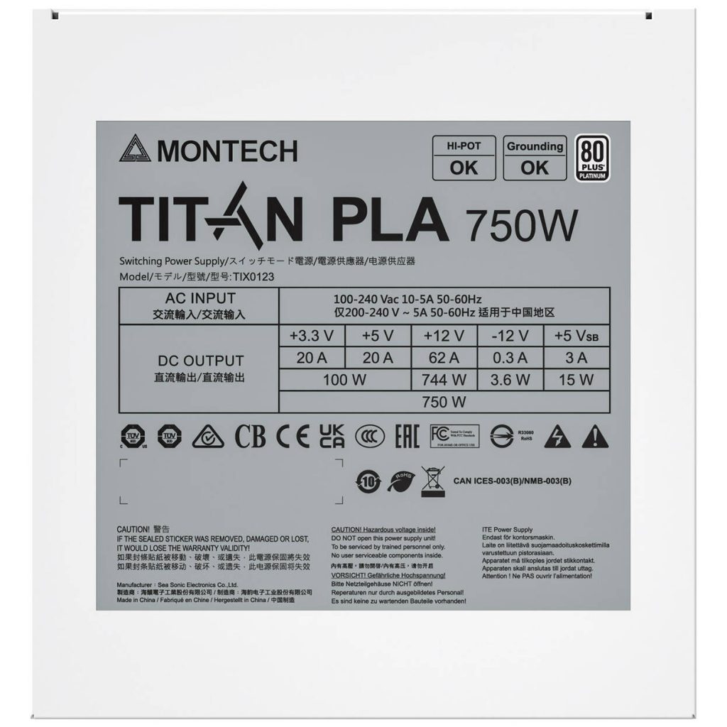 Montech Titan PLA 750W, 80 PLUS & Cybenetics Platinum, modular, PCIe 5.1 - 750 watts, white