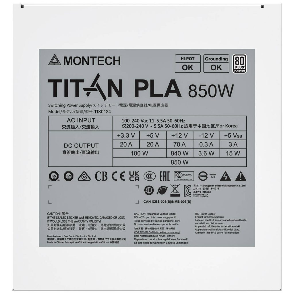 Montech Titan PLA 850W, 80 PLUS, Cybenetics Platinum, modular, PCIe 5.1 - 850 watts, white : image 6