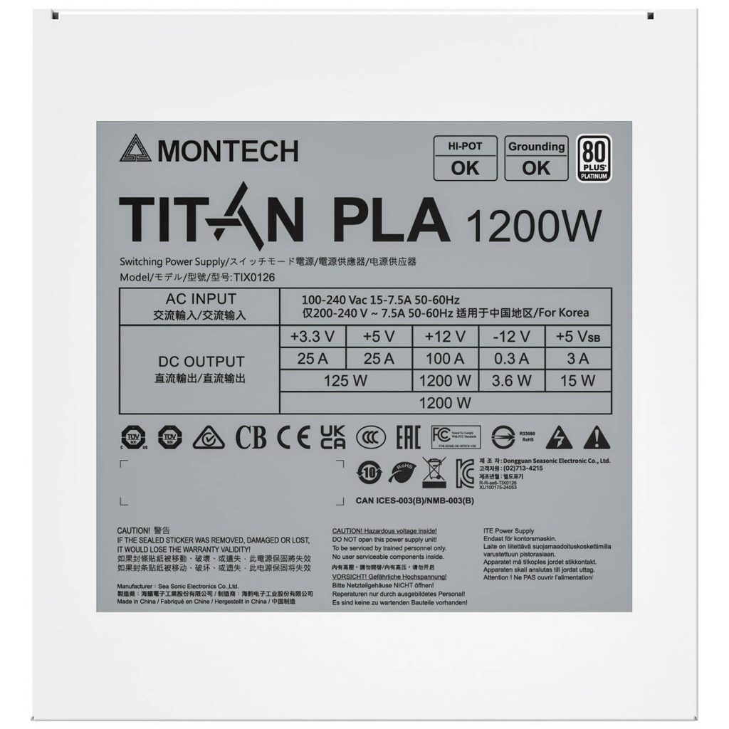 Montech Titan PLA 1200W, 80 PLUS & Cybenetics Platinum, modular, PCIe 5.1 - 1200 watts, white