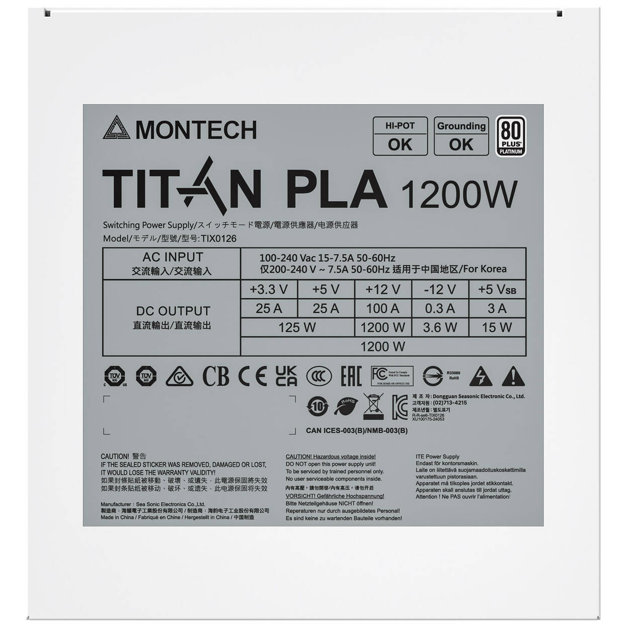 Montech Titan PLA 1200W, 80 PLUS & Cybenetics Platinum, modular, PCIe 5.1 - 1200 watts, white