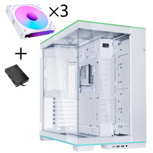 Lian Li O11 Dynamic EVO RGB PC Case Bundle + 3x UNI FAN SL-INF Reverse Blade Fans - White