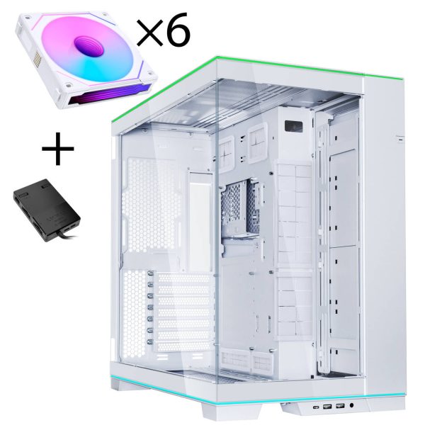 Lian Li O11 Dynamic EVO RGB PC Case Bundle, Mid-Tower, ARGB, Tempered Glass + 6x UNI FAN SL-INF Reverse Blade Fans – White
