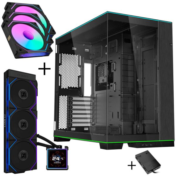Lian Li O11 Dynamic EVO RGB PC Case Bundle + HydroShift II LCD-S 360TL AiO + 3x UNI FAN SL-INF 120 Reverse Blade Fans – Black