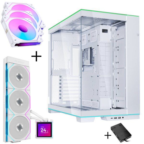 Lian Li O11 Dynamic EVO RGB PC Case Bundle + HydroShift II LCD-S 360TL AiO + 3x UNI FAN SL-INF 120 Reverse Blade Fans – White