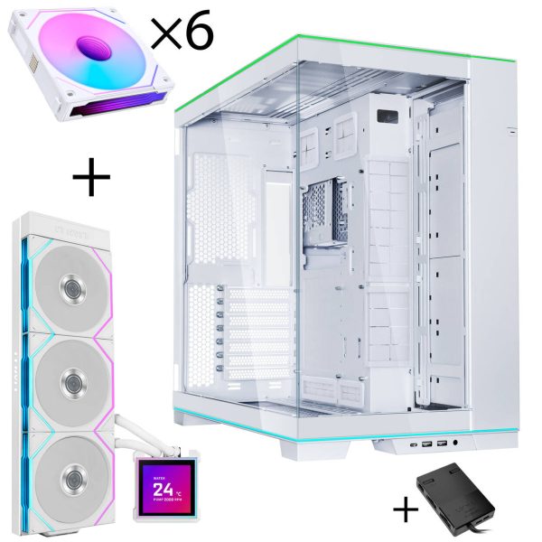 Lian Li O11 Dynamic EVO RGB PC Case Bundle + HydroShift II LCD-S 360TL AiO + 6x UNI FAN SL-INF 120 Reverse Blade Fans – White