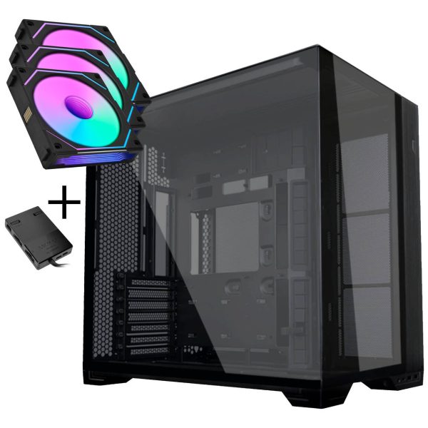 Lian Li O11 Vision Compact PC Case Bundle + 3x UNI FAN SL-INF 120 Reverse Blade Fans – Black