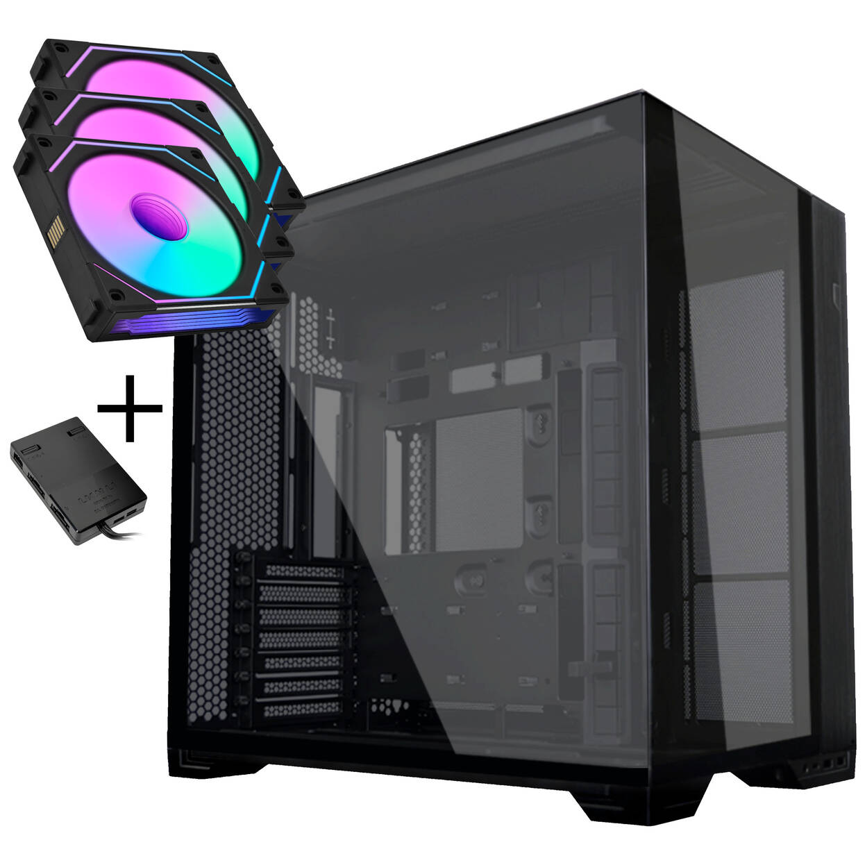 Lian Li O11 Vision Compact PC Case Bundle + 3x UNI FAN SL-INF 120 Reverse Blade Fans - Black