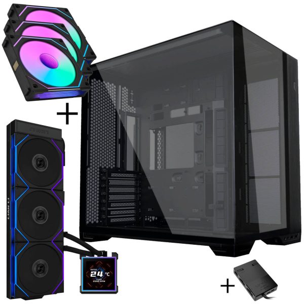 Lian Li O11 Vision Compact PC Case Bundle + HydroShift II LCD-S 360TL AiO + 3x UNI FAN SL-INF 120 Reverse Blade Fans – black