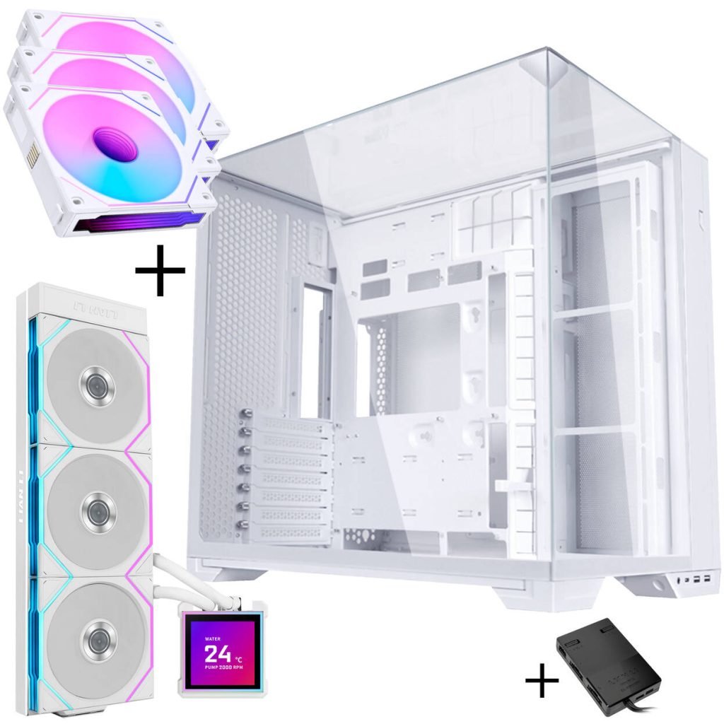 Lian Li O11 Vision Compact - white + 3x UNI FAN SL-INF 120 ARGB Reverse Blade fans - 120mm + HydroShift II LCD-S 360TL AiO water cooling, 360mm