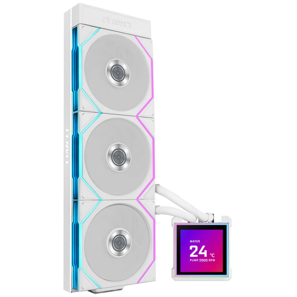 Lian Li O11 Vision Compact - white + 3x UNI FAN SL-INF 120 ARGB Reverse Blade fans - 120mm + HydroShift II LCD-S 360TL AiO water cooling, 360mm