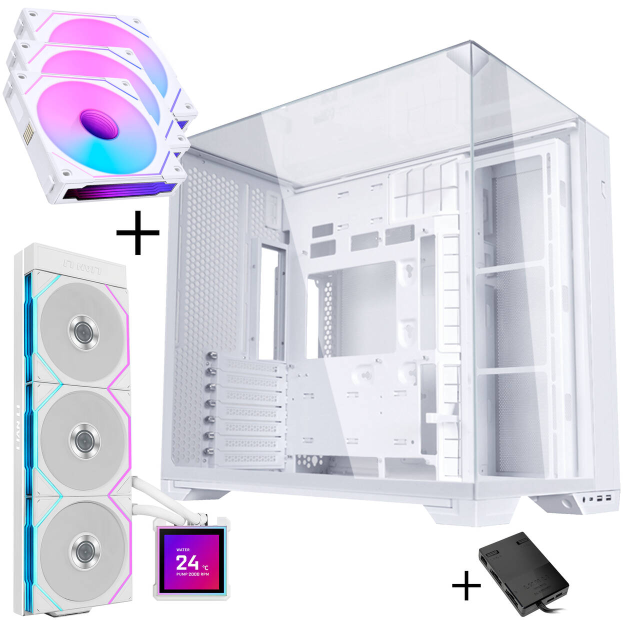 Lian Li O11 Vision Compact - white + 3x UNI FAN SL-INF 120 ARGB Reverse Blade fans - 120mm + HydroShift II LCD-S 360TL AiO water cooling, 360mm