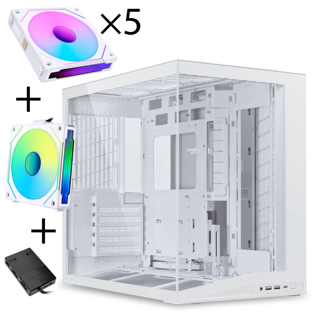 Lian Li O11 Dynamic Mini V2 + 5x UNI FAN SL-INF 120 Reverse Blade + 1x Standard PWM aRGB Fans - White