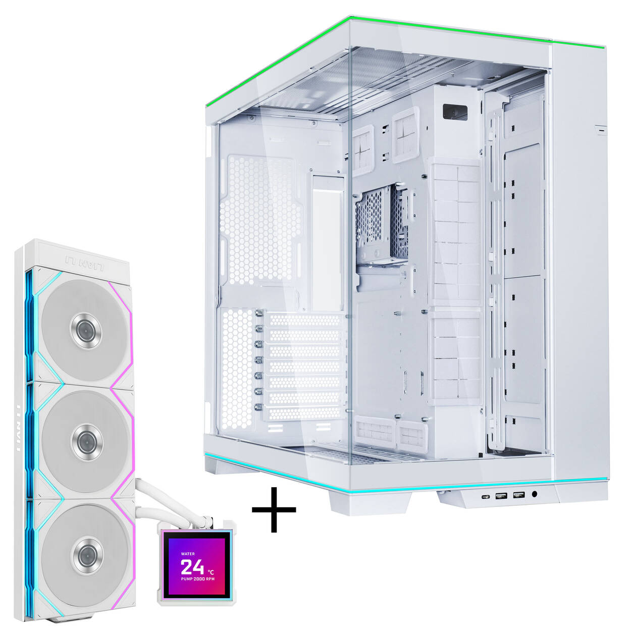 Lian Li O11 Dynamic EVO RGB PC Case Bundle + HydroShift II LCD-S 360TL AiO - White
