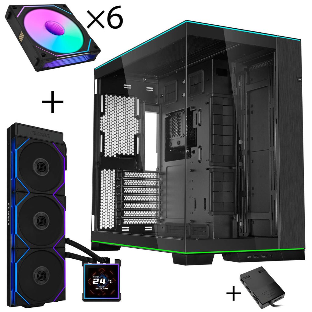 Lian Li O11D EVO RGB PC Case Bundle + HydroShift II LCD-S 360TL AiO + 6x UNI FAN SL-INF 120 Reverse Blade Fans + UNI HUB SL-INF - Black