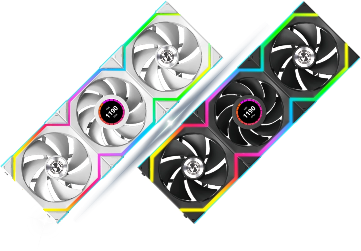 UNI FAN SL Wireless clusters in white and black showing LED and LCD mix
