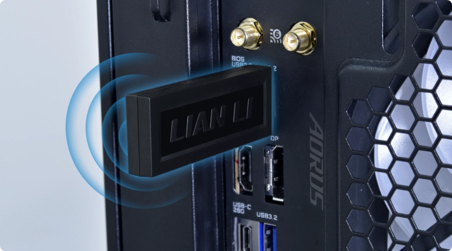 L-Wireless USB dongle plugged into PC rear I/O panel