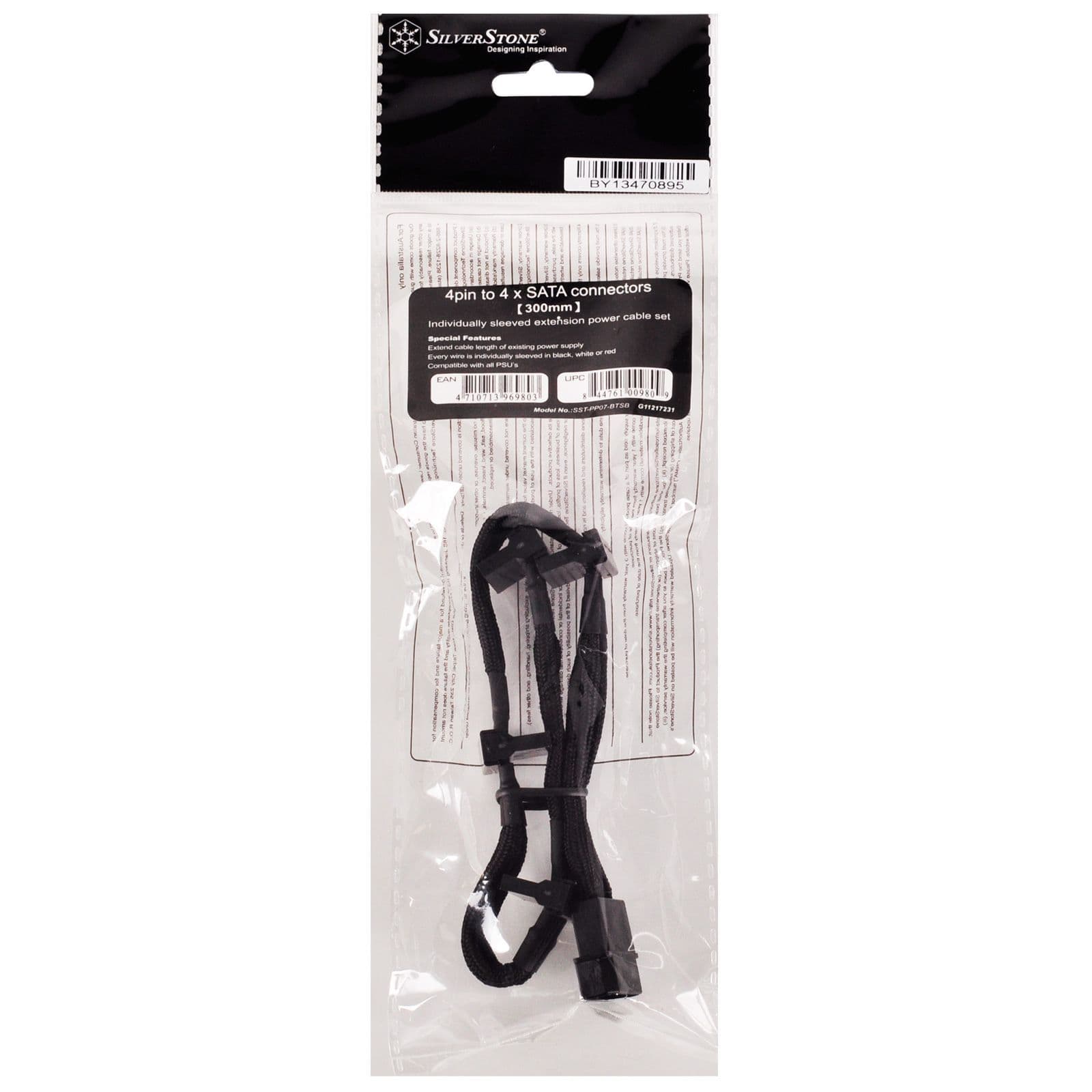 Silverstone 4 pin Molex to 4 x SATA Black Sleeved Cable 30cm
