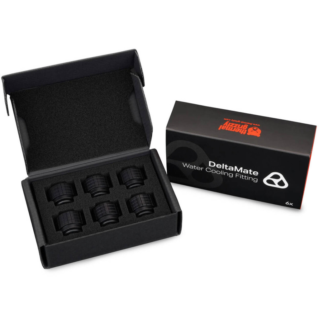 Thermal Grizzly DeltaMate Fitting, Brass, G1/4 Thread - Black, HT16, Pack of 6