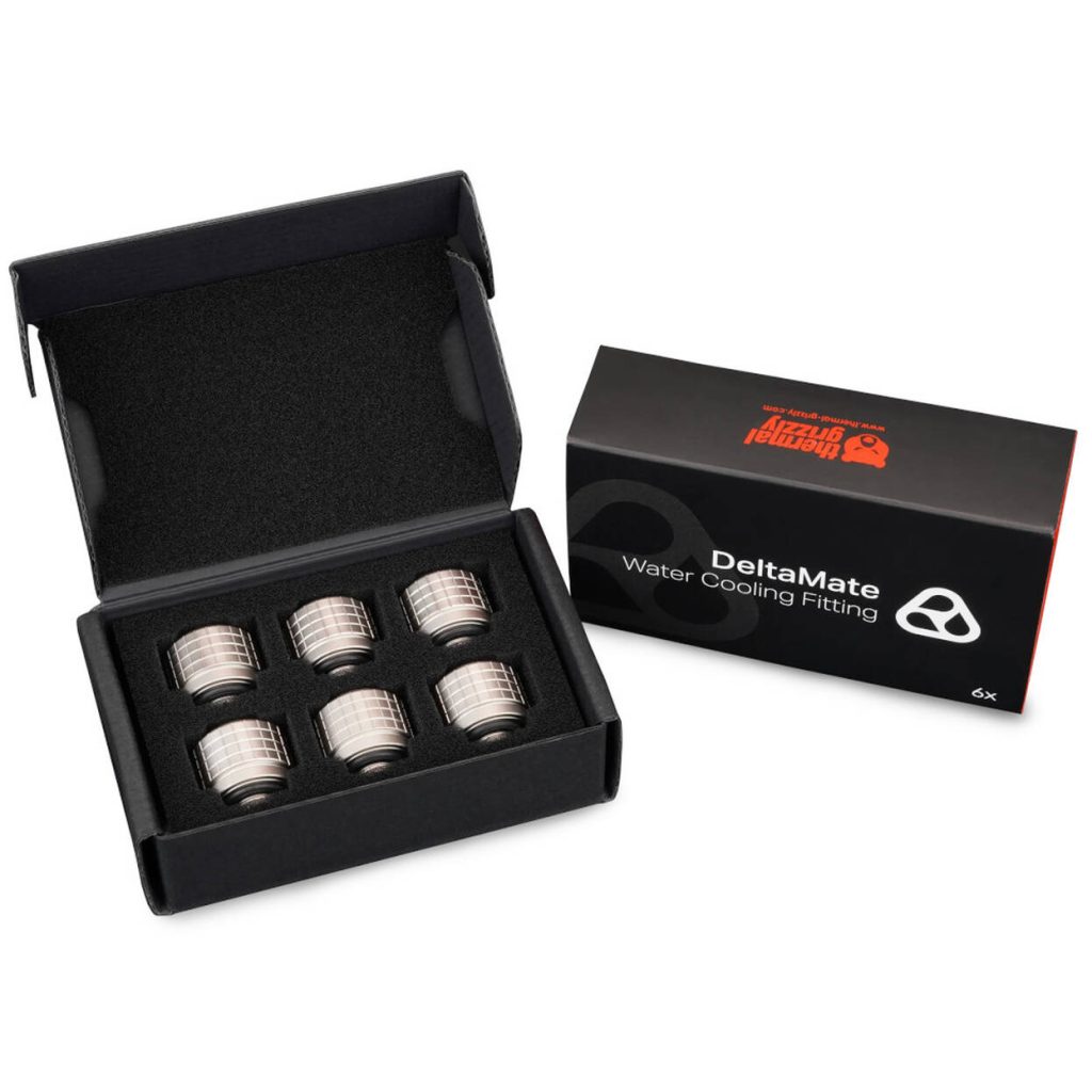 Thermal Grizzly DeltaMate Fitting, Brass, G1/4 Thread - Nickel, HT14, Pack of 6