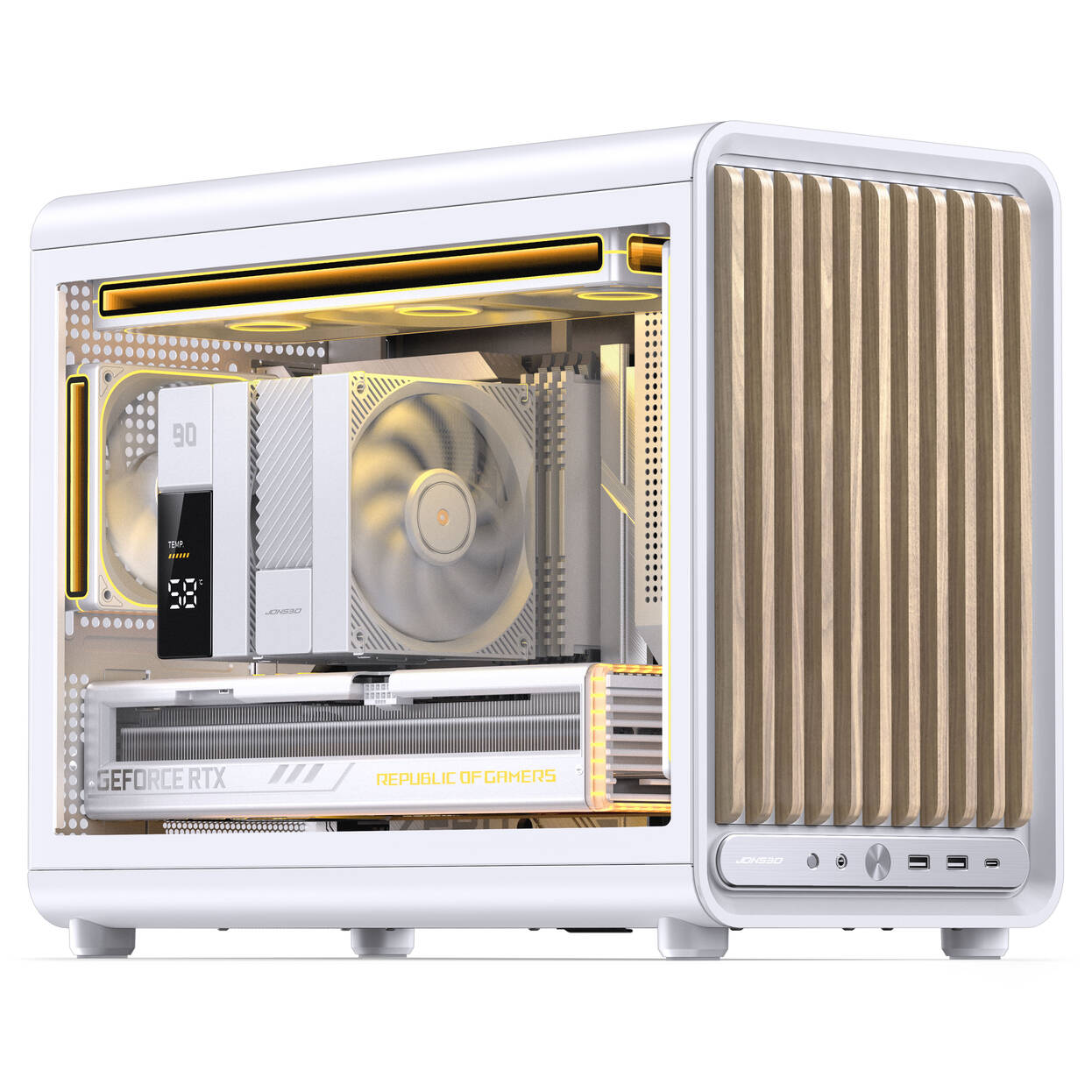 Jonsbo D33 Wood PC Case, Mini Case, mATX, Tempered Glass - White, Wood