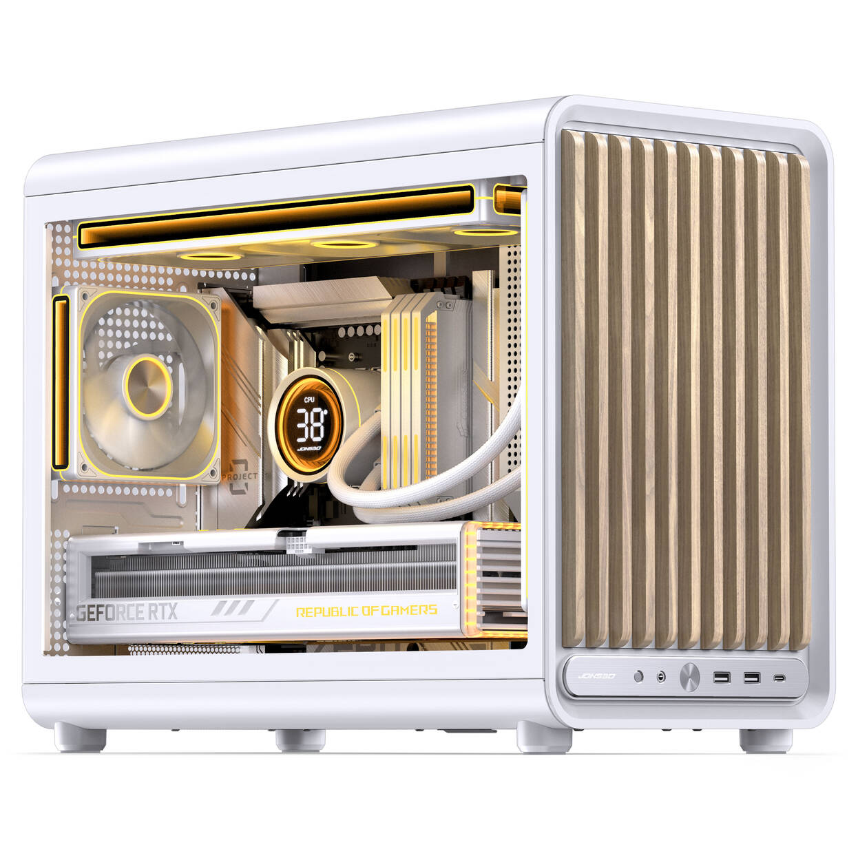 Jonsbo D33 Wood PC Case, Mini Case, mATX, Tempered Glass - White, Wood