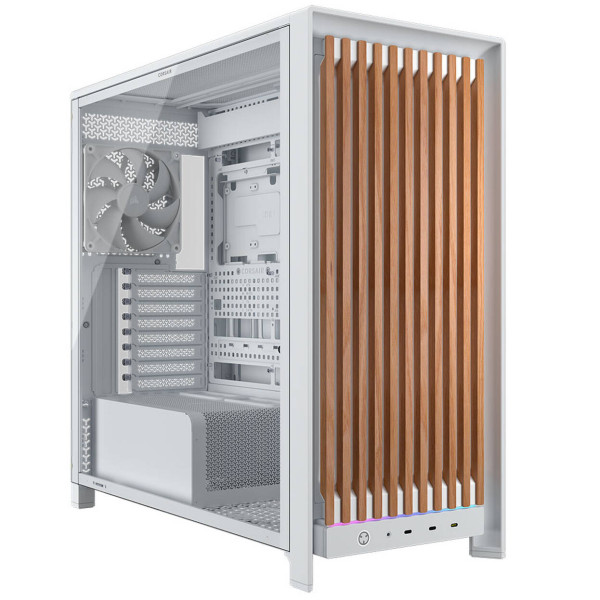 Corsair FRAME 5000D Wood RS PC Case, Mid-Tower, E-ATX, Tempered Glass – including 3x fans, white, wood