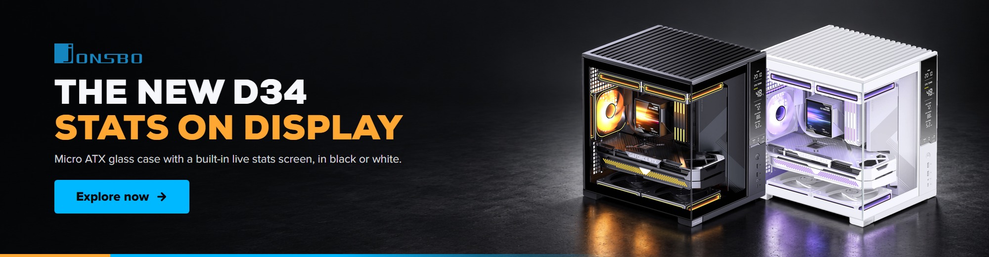Jonsbo D34 micro ATX PC case in black and white