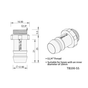 Barrow G1/4 Commercial Grade 10mm (3/8") Stainless Steel Barb Fitting (2 Pack) - Silver
