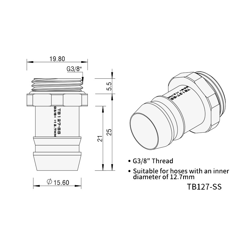 Barrow G3/8 Commercial Grade 12.7mm (1/2") Stainless Steel Barb Fitting (2 Pack) - Silver