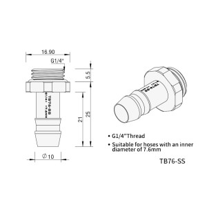 Barrow G1/4 Commercial Grade 7.6mm (5/16") Stainless Steel Barb Fitting (2 Pack) - Silver