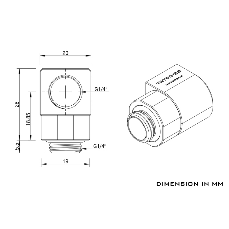 Barrow G1/4 Commercial Grade 90 Degree Stainless Steel, Male / Female Rotary - Silver